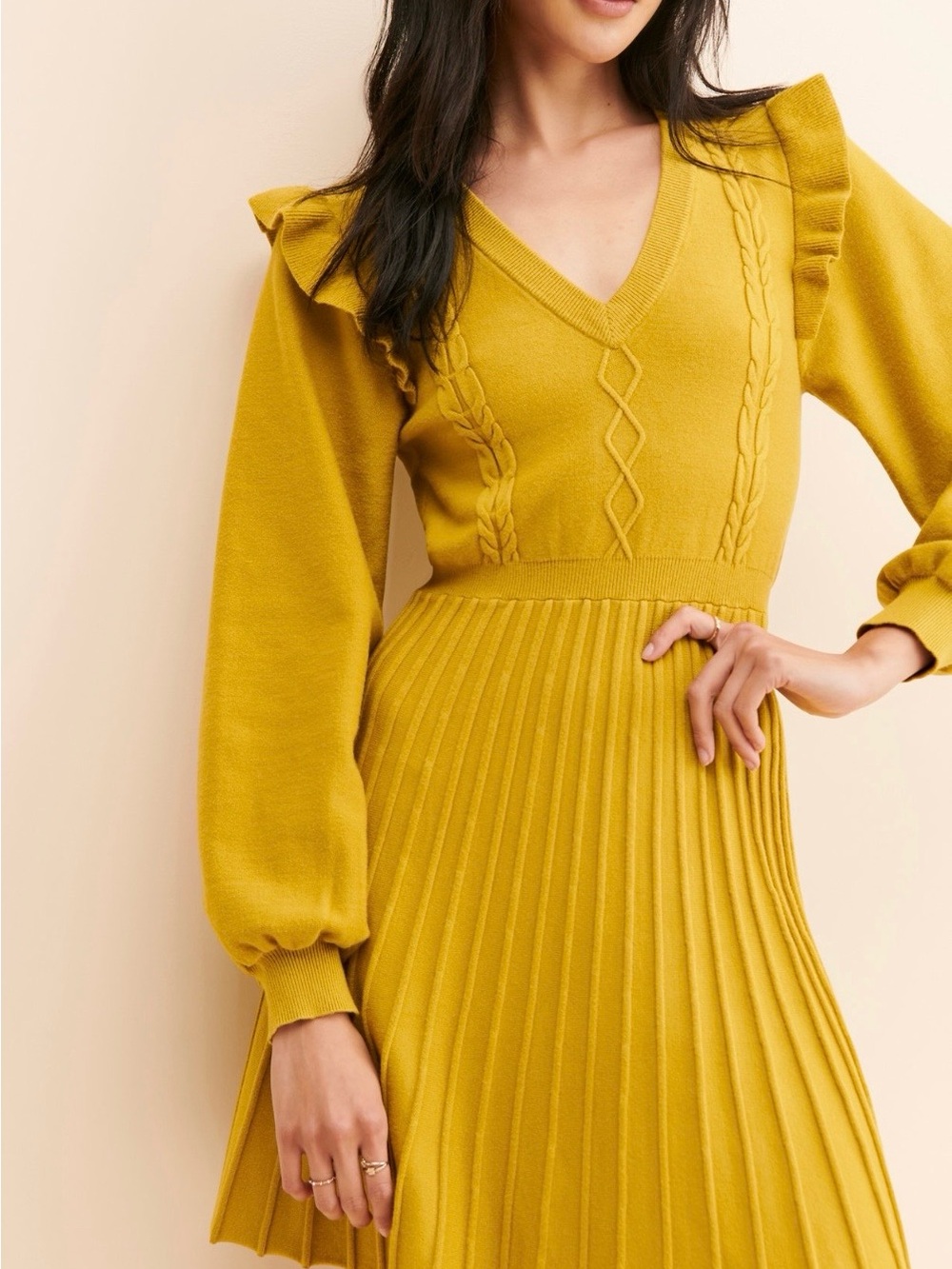 Adelyn Rae Mustard V-Neck Ruffle-Shoulder Pleated Sweater Dress